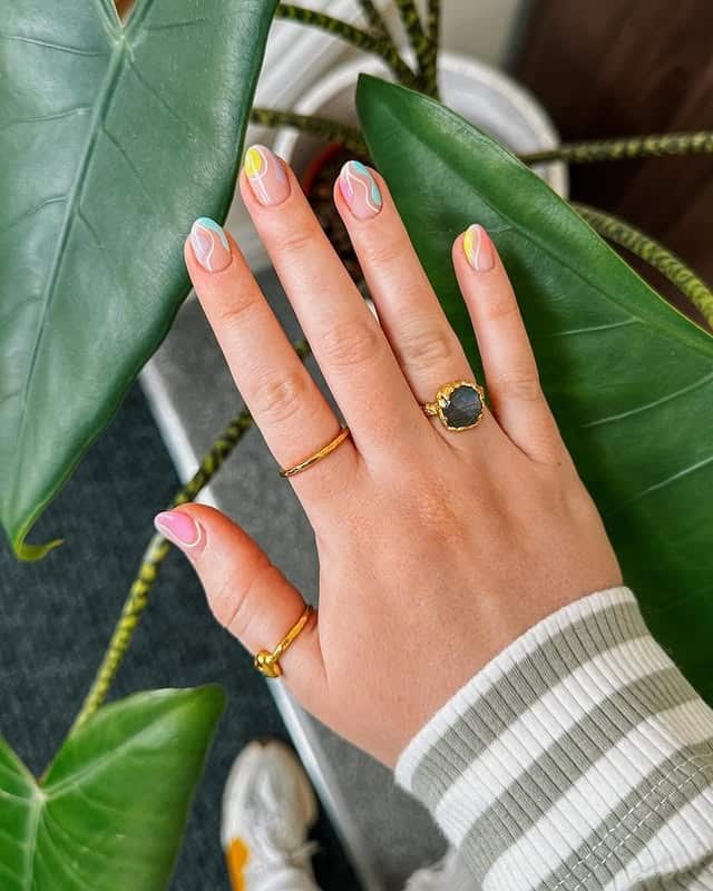 19. Pastel Wave Short Nails in Pink, Blue, Yellow & Mint - short nail art ideas