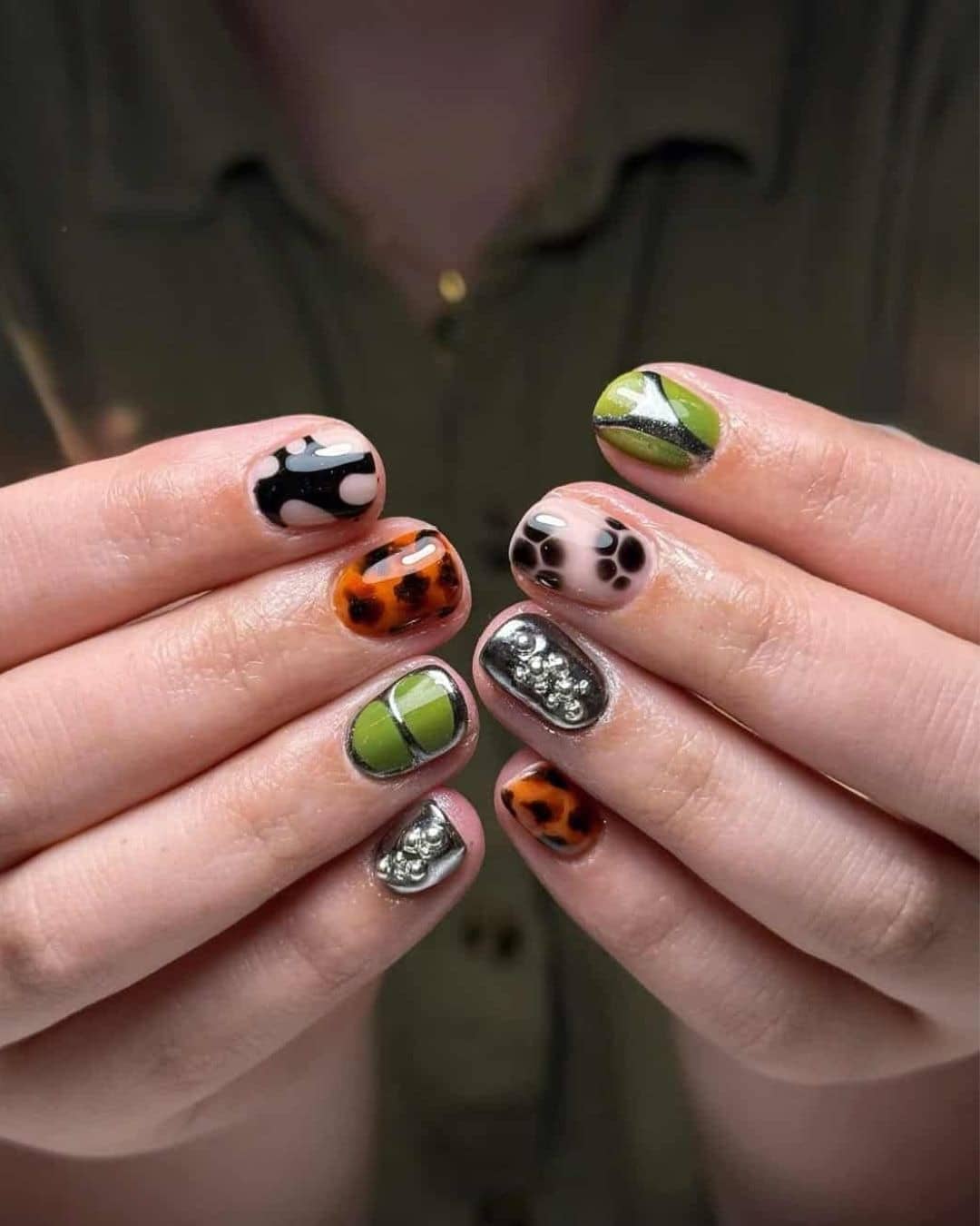 21. Eclectic Mixed Art Short Nails in Olive Green, Tortoiseshell & Chrome Silver - short nail art ideas