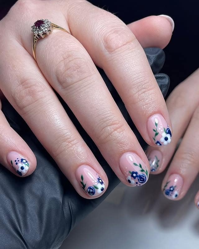 22. Blue Floral Short Nails with Soft Pink Base - short nail art ideas