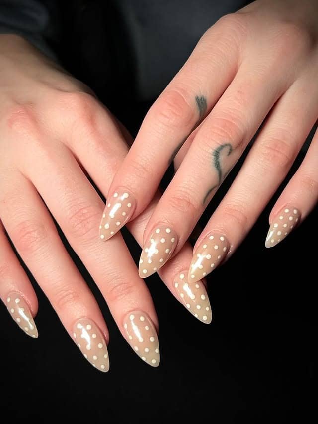 2. Beige Polka Dot Almond Nails - thanksgiving nail ideas