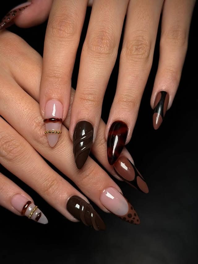 4. Chocolate Brown Mixed Design Stiletto Nails - thanksgiving nail ideas