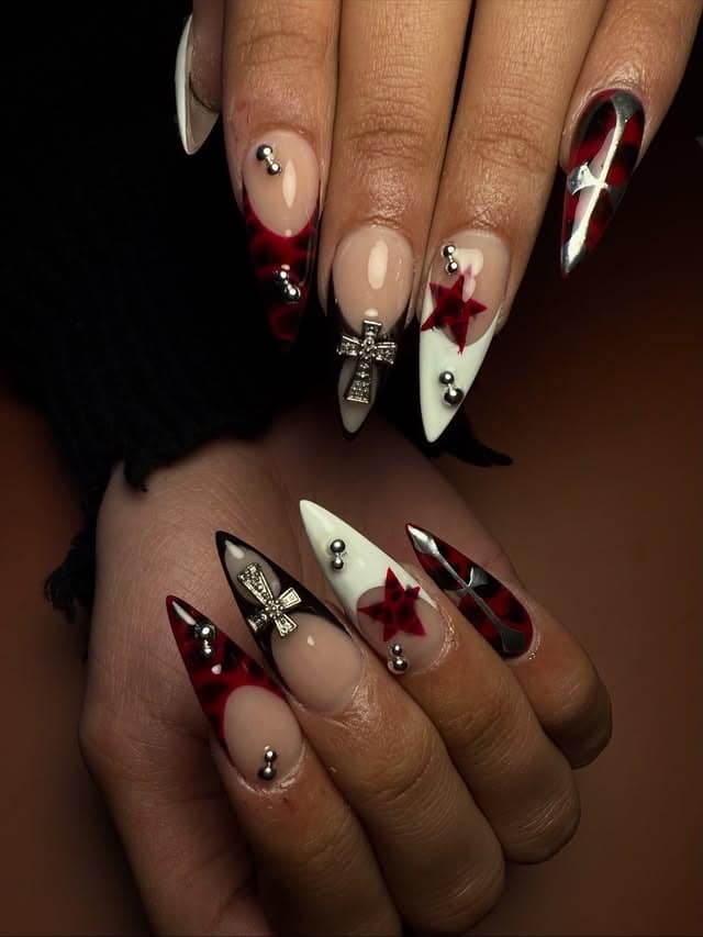 5. Burgundy and White Gothic Stiletto Nails - thanksgiving nail ideas