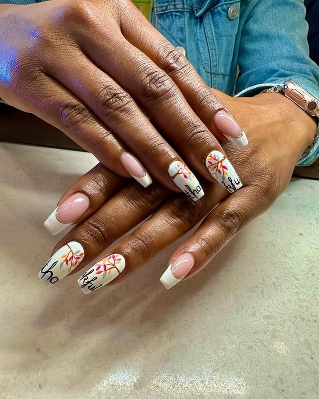 6. Autumn Branch French Tip Nails - thanksgiving nail ideas