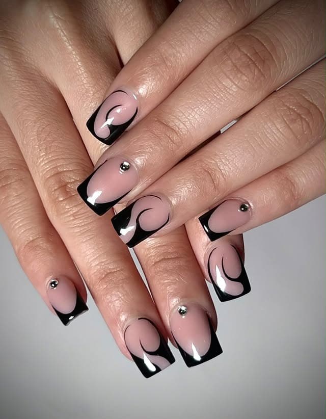 7. Black Swirl Square French Nails - thanksgiving nail ideas