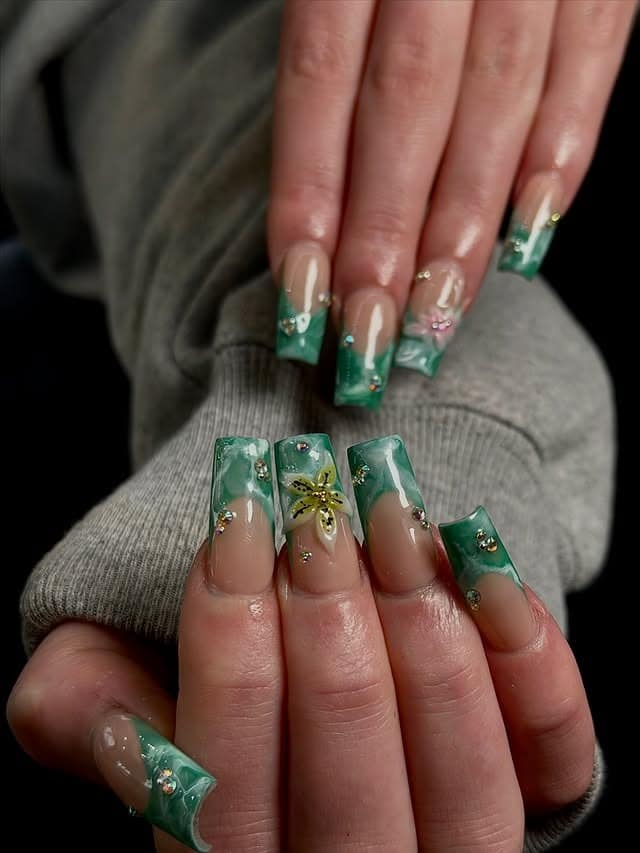 9. Emerald Marble Square Nails with Floral Accent - thanksgiving nail ideas