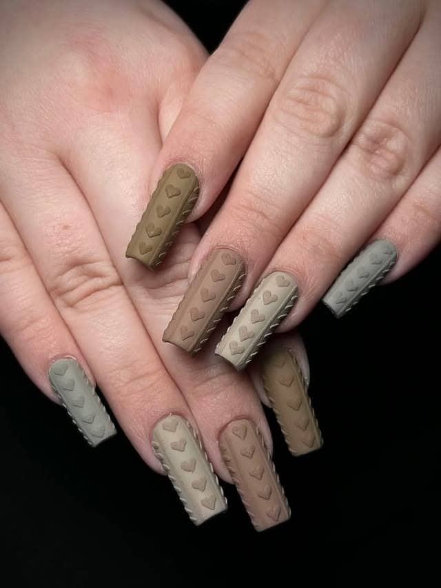 10. Matte Taupe Sweater Texture Coffin Nails - thanksgiving nail ideas