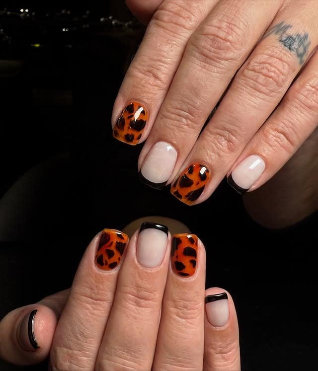11. Tortoiseshell and Black French Square Nails - thanksgiving nail ideas