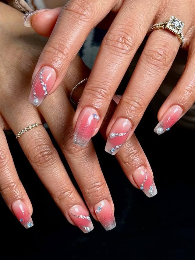 12. Pink Glitter Ombre Coffin Nails with Rhinestones - thanksgiving nail ideas