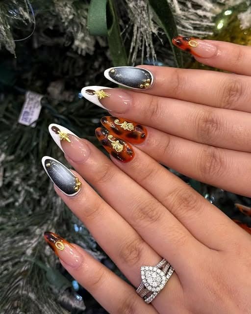 13. Tortoiseshell and Charcoal Chrome Almond Nails - thanksgiving nail ideas