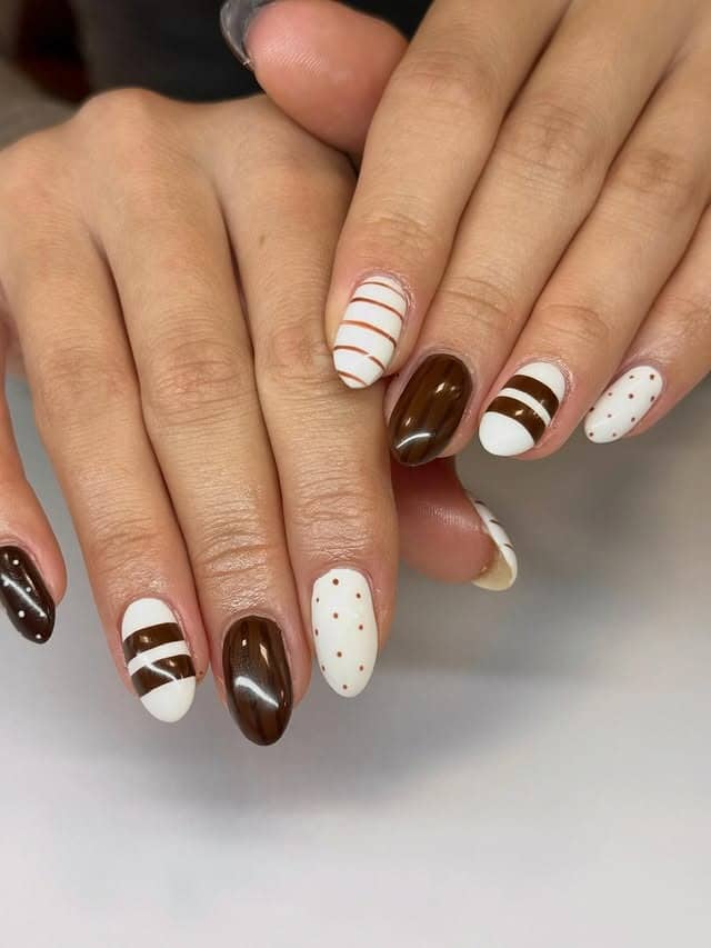 14. Chocolate Brown and White Pattern Almond Nails - thanksgiving nail ideas