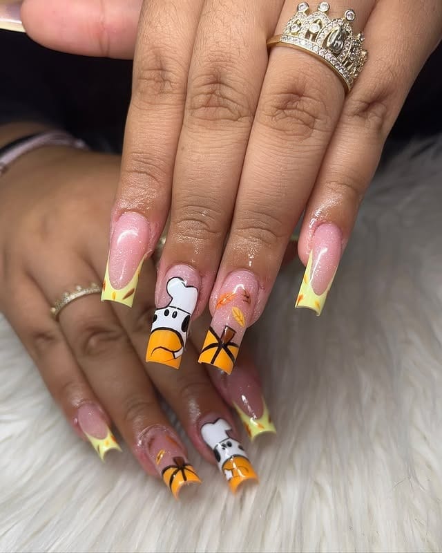 15. Thanksgiving Chef and Pumpkin French Tip Coffin Nails - thanksgiving nail ideas