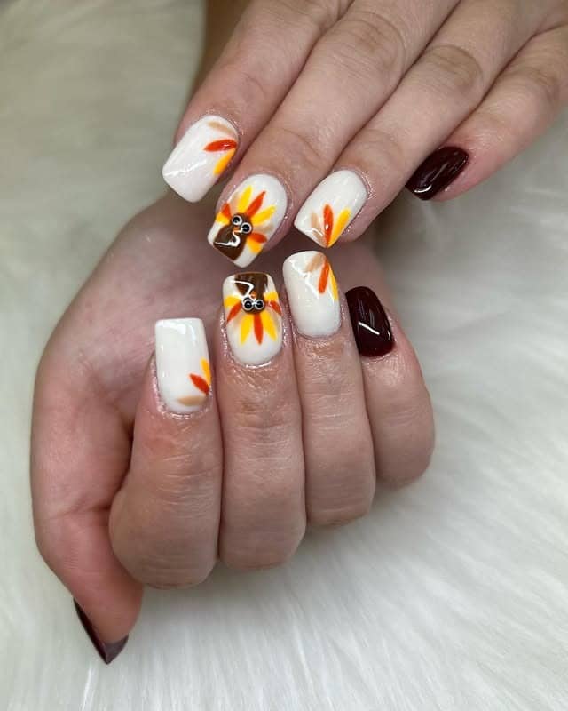 16. Turkey and Autumn Leaf Square Nails - thanksgiving nail ideas