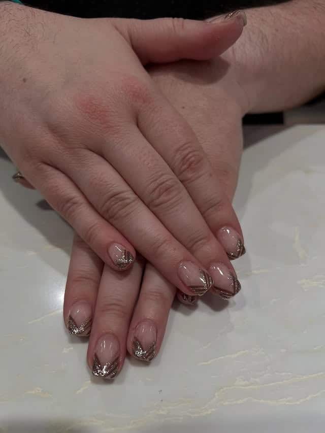 18. Rose Gold Glitter French Short Nails - thanksgiving nail ideas