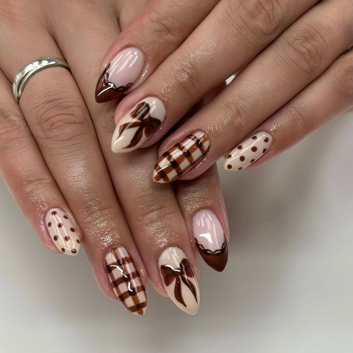 20. Brown Gingham and Bow Almond Nails - thanksgiving nail ideas