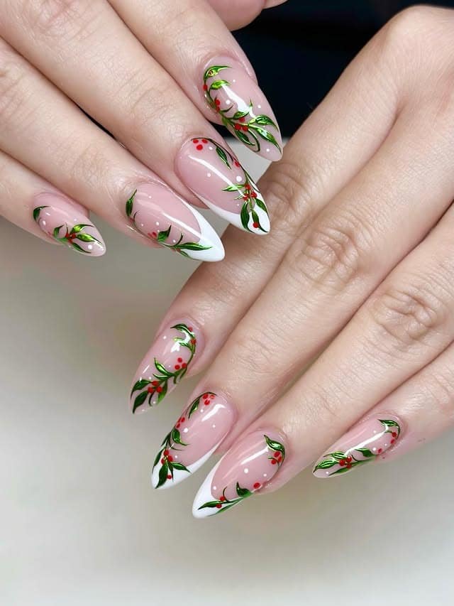 21. Holly Berry French Almond Nails in White, Green, and Red - thanksgiving nail ideas