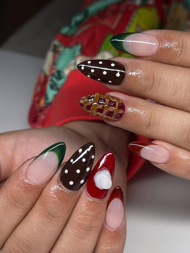 22. Thanksgiving Dessert Almond Nails in Brown, Red, and Green - thanksgiving nail ideas