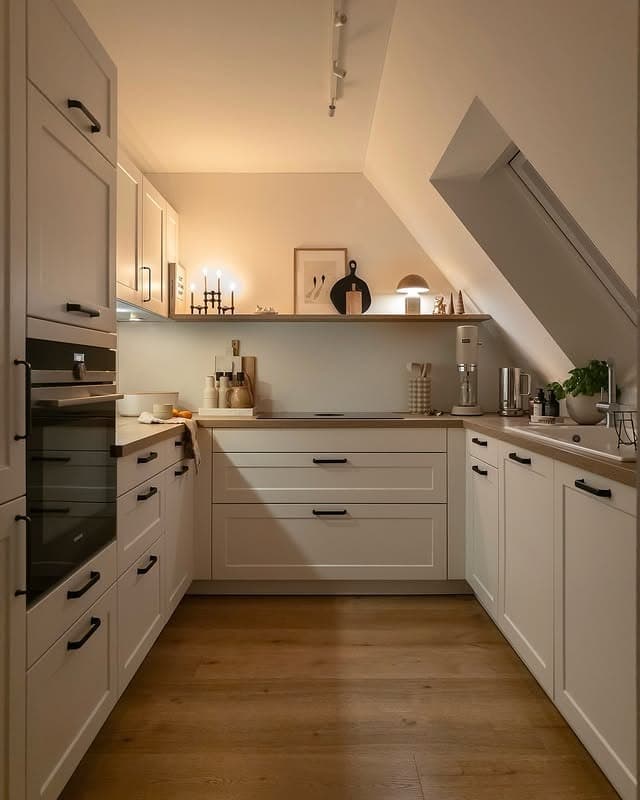 6. Warm Neutral U-Shaped Kitchen with Black Hardware - tiny kitchen ideas