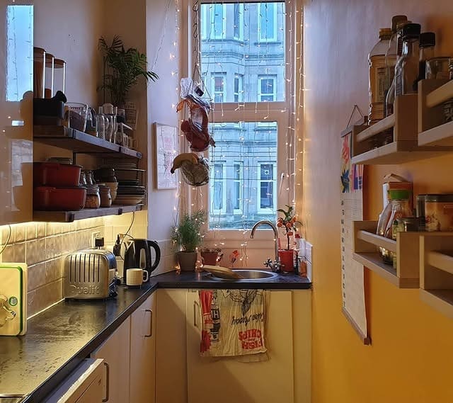12. Soft Beige Galley Kitchen with Open Shelving - tiny kitchen ideas