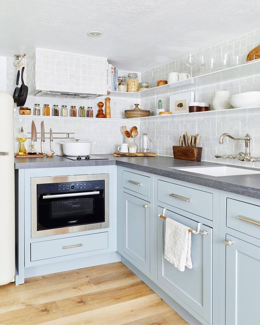 17. Powder Blue Corner Kitchen with Open Shelving - tiny kitchen ideas