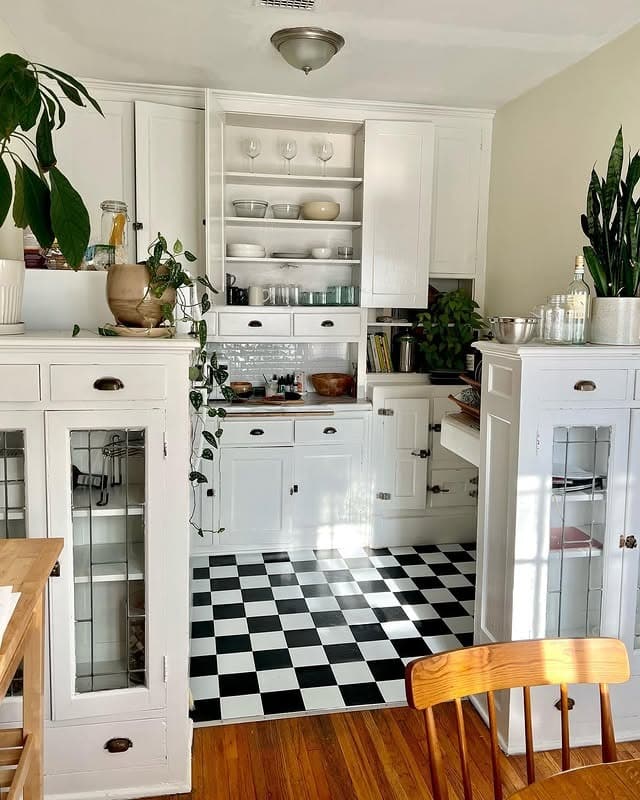 18. Classic White Kitchen with Checkerboard Flooring - tiny kitchen ideas
