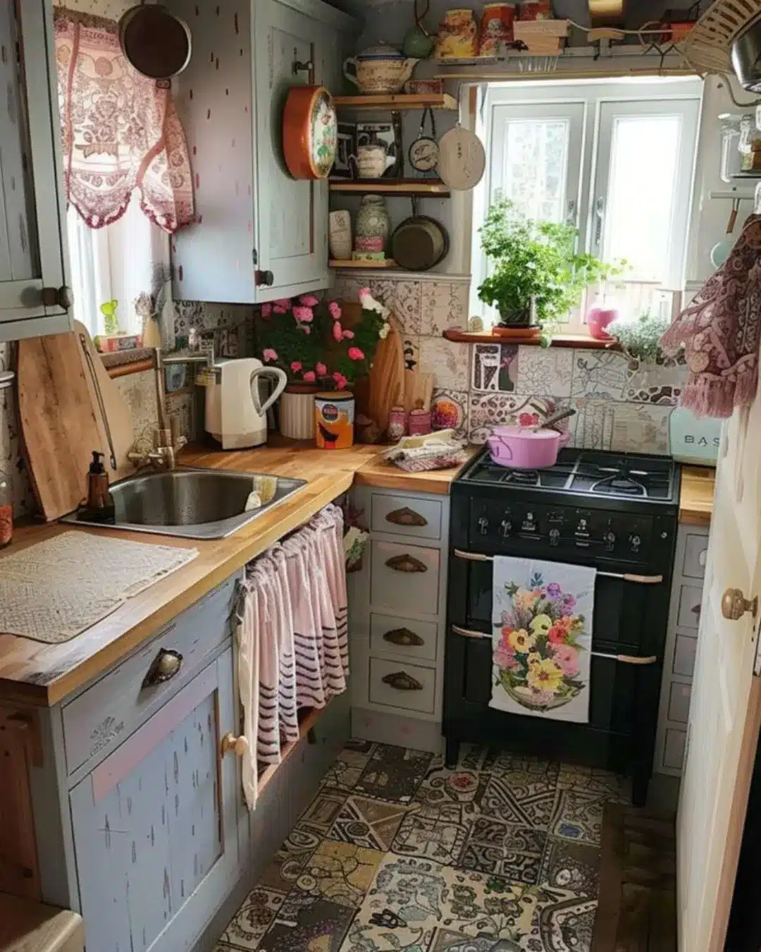 20. Vintage Blue Kitchen with Patterned Tile Flooring - tiny kitchen ideas