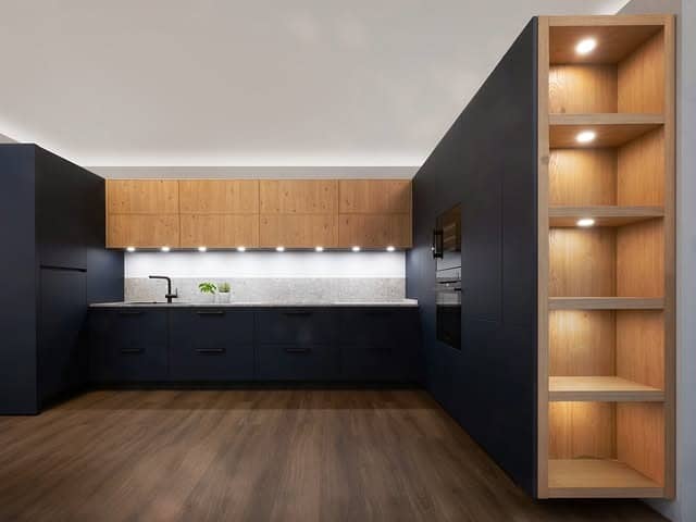 2. Dark Navy and Natural Oak Contemporary Kitchen - dark kitchen ideas
