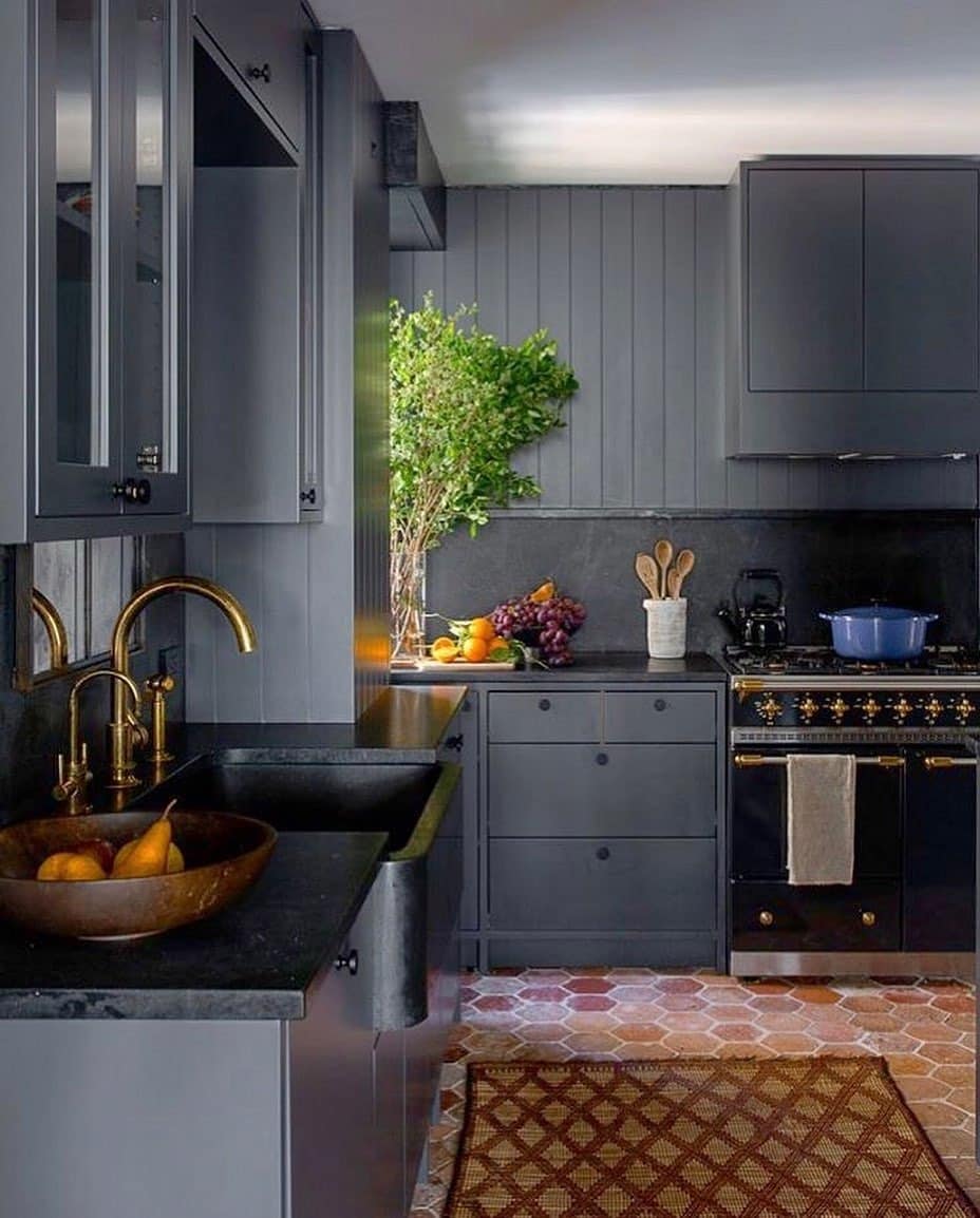 8. Slate Gray Kitchen with Brass Hardware - dark kitchen ideas