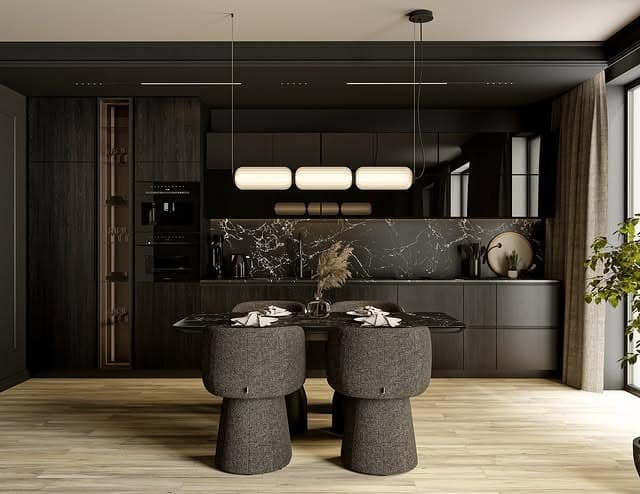 9. Moody Black Marble Feature Kitchen - dark kitchen ideas