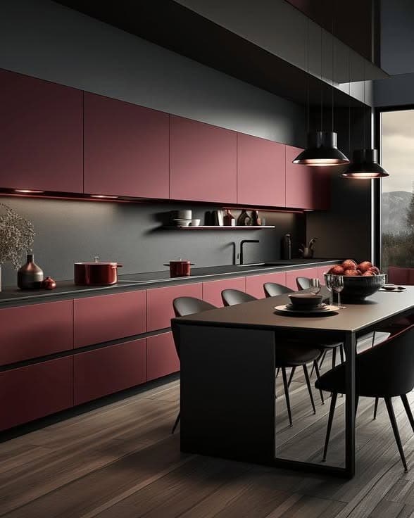 13. Burgundy and Black Contemporary Kitchen Design - dark kitchen ideas