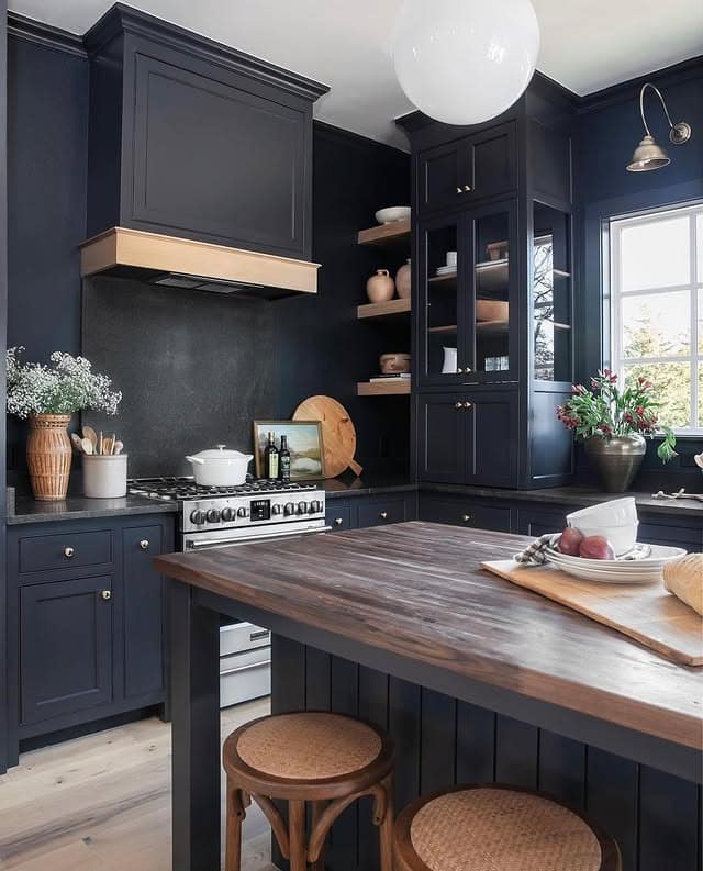 15. Navy Blue Shaker Kitchen with Wood Island - dark kitchen ideas