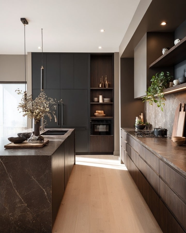 17. Dark Espresso Kitchen with Stone Countertops - dark kitchen ideas