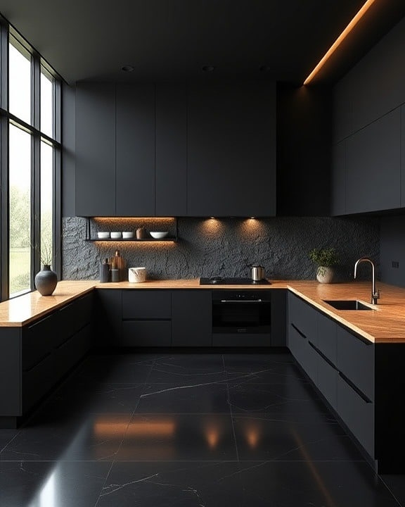 18. Charcoal Black Kitchen with Wood Worktops - dark kitchen ideas