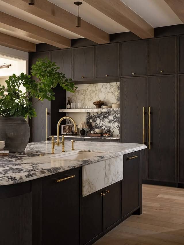 19. Dark Wood and Marble Luxury Kitchen - dark kitchen ideas