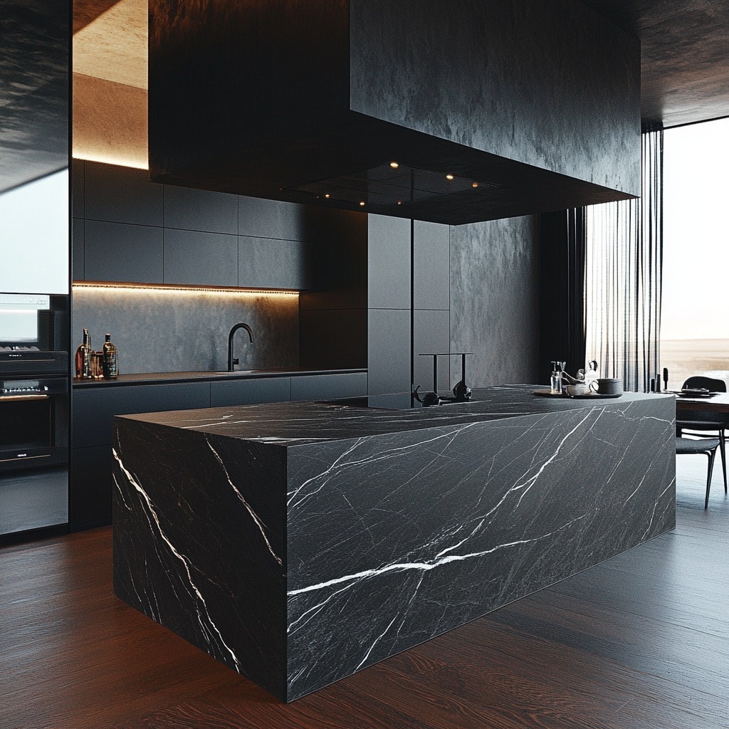 20. Monochromatic Black Marble Statement Kitchen - dark kitchen ideas