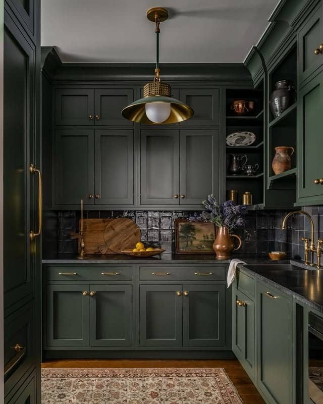 21. Forest Green Shaker Kitchen with Brass Accents - dark kitchen ideas