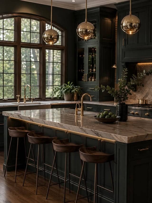 22. Dark Green Luxury Kitchen with Marble Island - dark kitchen ideas