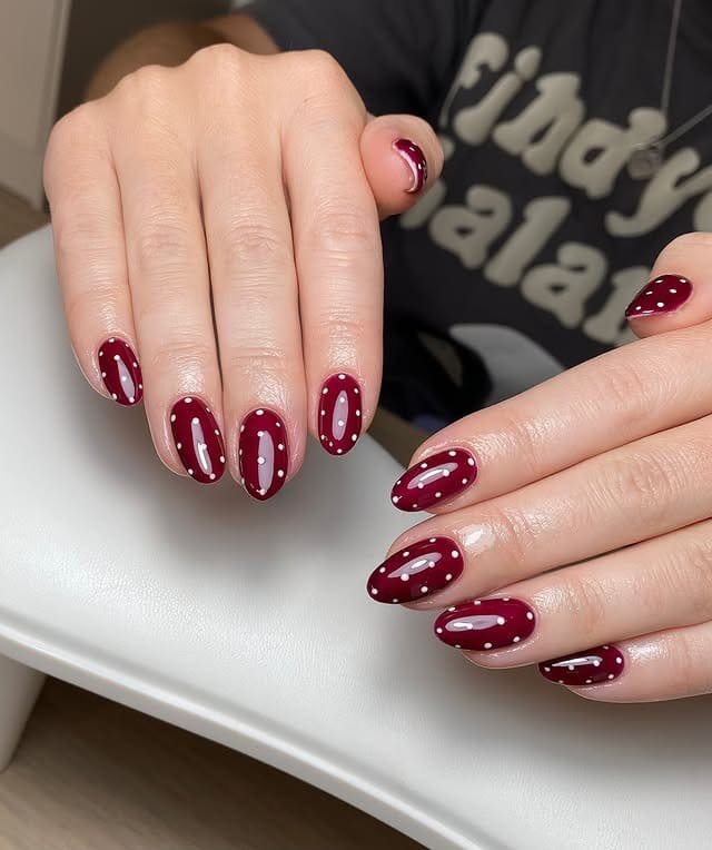 1. Burgundy Polka Dot Oval Nails - burgundy nail ideas
