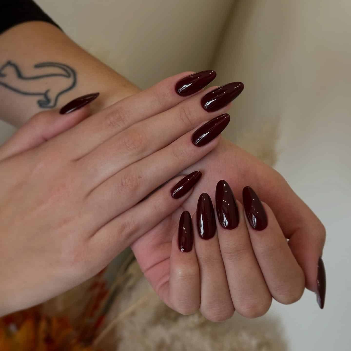 2. Deep Burgundy Almond Nails - burgundy nail ideas