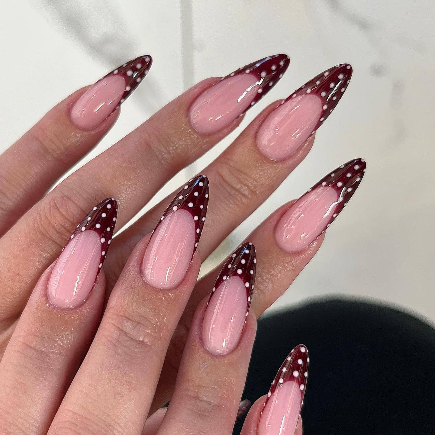 3. Burgundy French Tip Polka Dot Nails - burgundy nail ideas