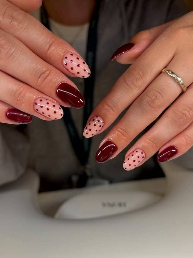 10. Burgundy and Nude Polka Dot Nails - burgundy nail ideas