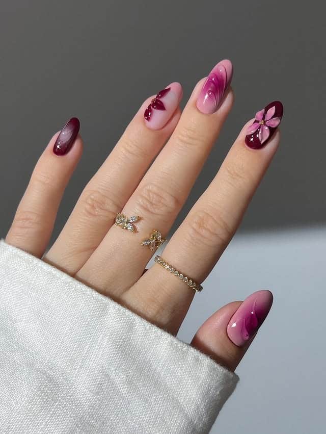11. Burgundy Floral Ombre Almond Nails - burgundy nail ideas