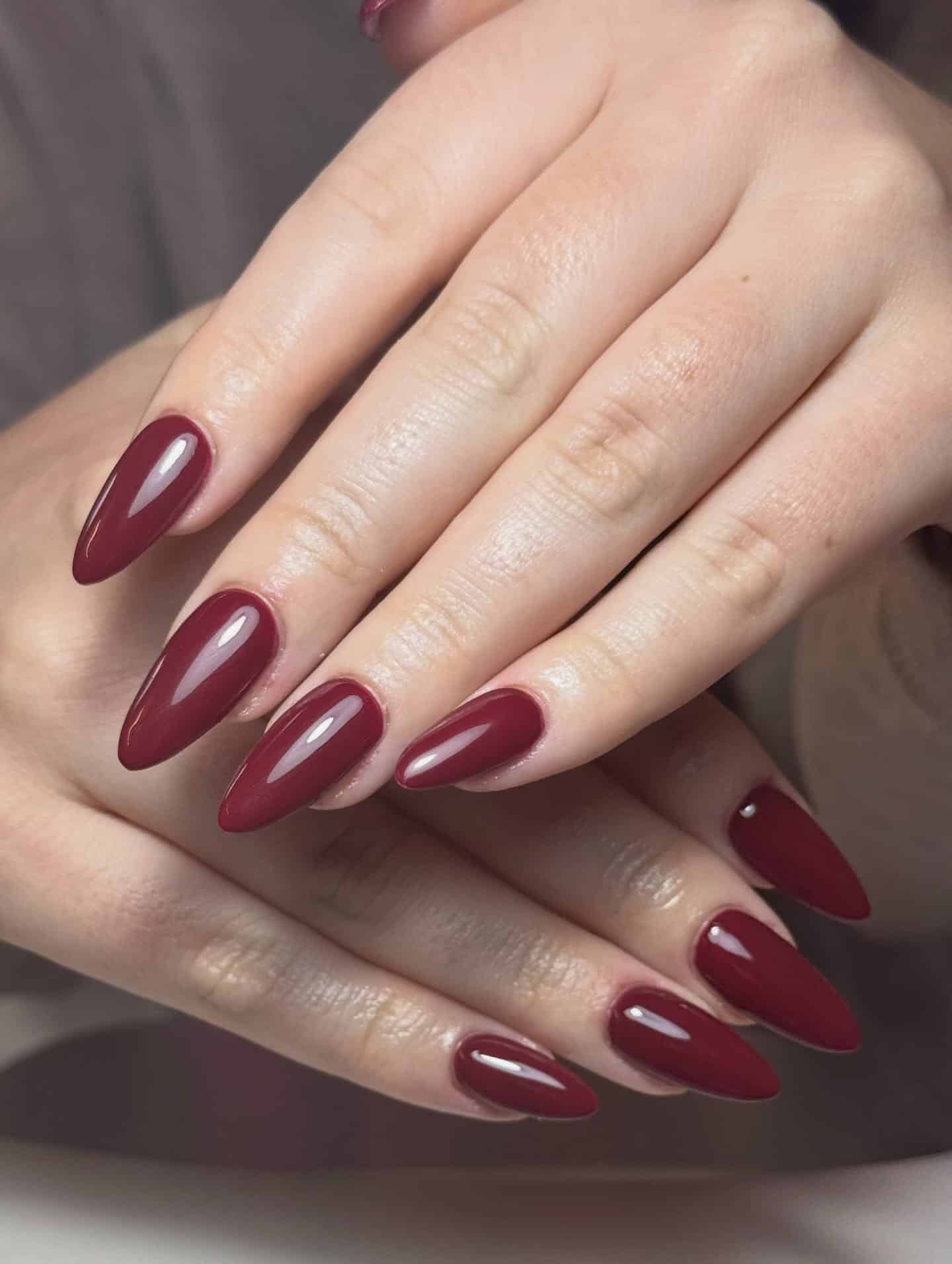 13. Classic Burgundy Almond Nails - burgundy nail ideas