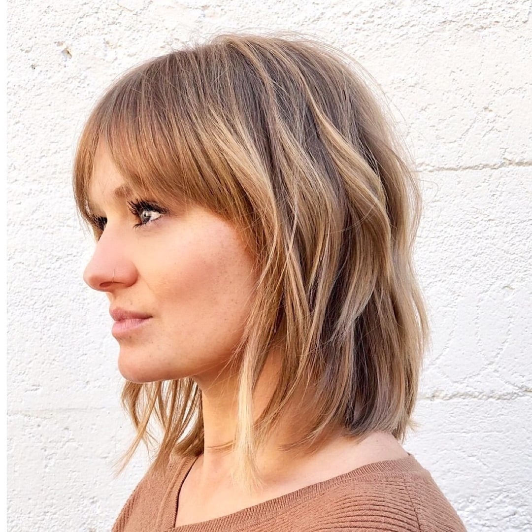 2. Textured Shaggy Lob with Beige Blonde Balayage - Medium Length Shaggy Haircuts