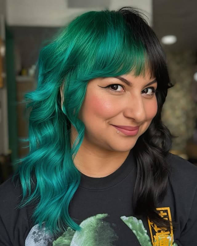 9. Two-Tone Shag Mullet in Emerald Green and Black - Medium Length Shaggy Haircuts