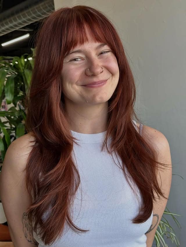 2. Copper Auburn Butterfly Layers with Wispy Fringe - Long Hair With Wispy Fringe
