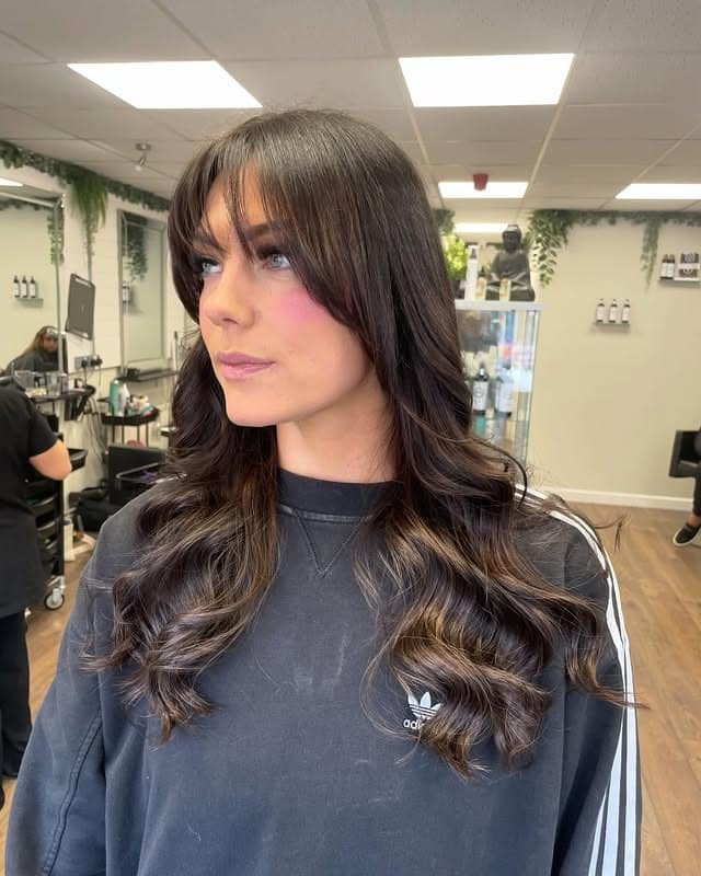 8. Dark Roast Curtain Wispy Fringe with Long Waves - Long Hair With Wispy Fringe