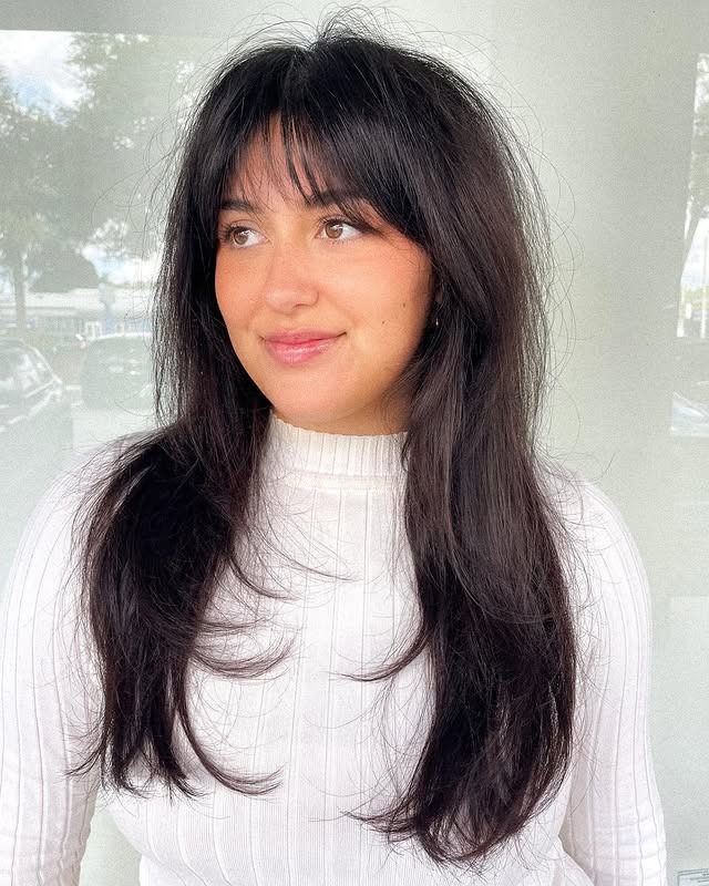 13. Espresso Feathered Layers with Wispy Fringe - Long Hair With Wispy Fringe