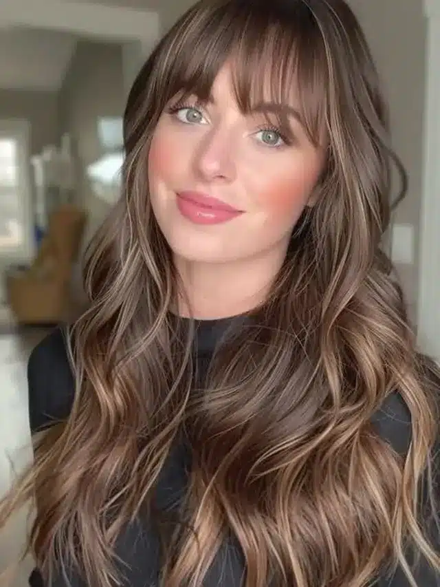 16. Beige Bronde Waves with Wispy Fringe - Long Hair With Wispy Fringe