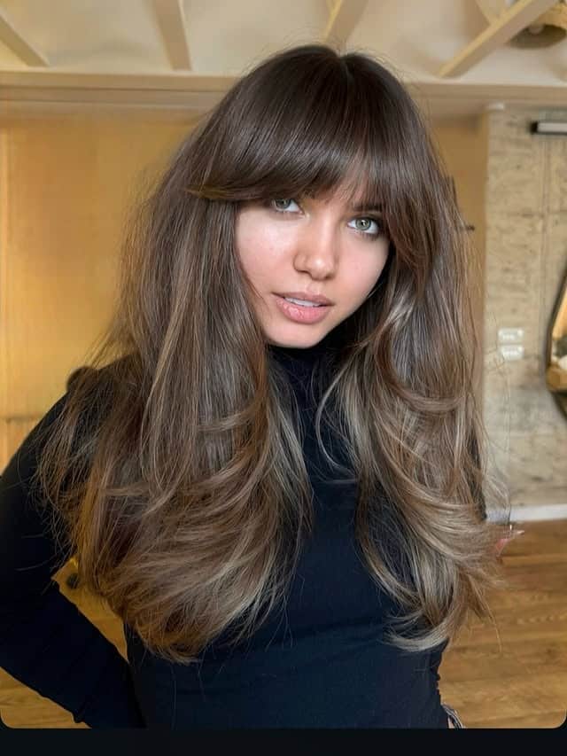 18. Ash Brown Voluminous Layers with Wispy Fringe - Long Hair With Wispy Fringe