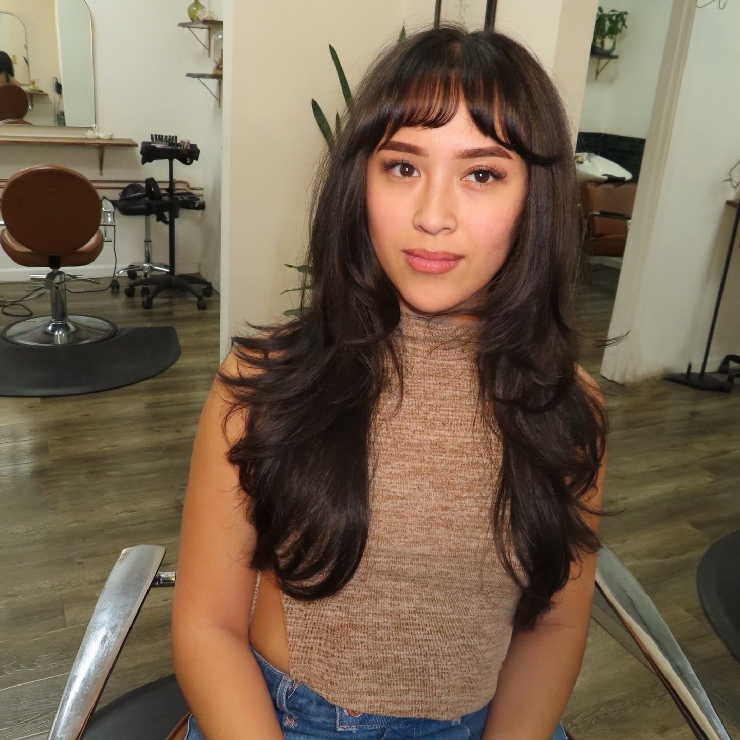19. Dark Espresso Layered Blowout with Wispy Fringe - Long Hair With Wispy Fringe